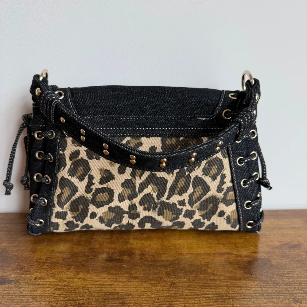 New True Religion Black Denim Leopard Shoulder Handbag Western Horseshoe Cute